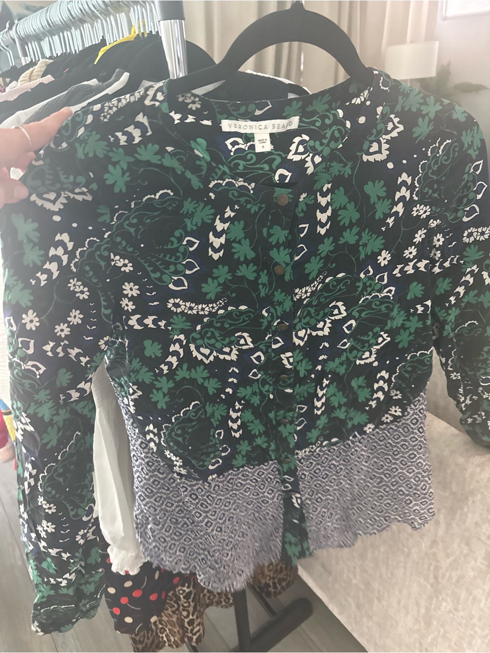 Veronica Beard Green and Navy Paisley Mix Print Blouse